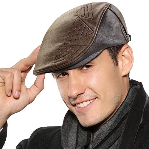 AIEOE Herren Schirmmütze PU Leder Baskenmütze Vintage Schiebermütze Männer Flat Cap Snapback Braun 03
