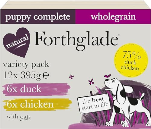 Forthglade Complete Natural Wet Dog Food - Wholegrain Variety Pack (12 x 395g) Trays - Chicken & Duck with Wholegrain Oats & Vegetables - Puppy Dog Food 2-12 months
