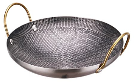 Folpus Edelstahl-Wok-Topf mit Wabenstruktur, Bratpfanne, Suppentopf, Kochgeschirr, Pfanne mit Doppelgriff, langlebiger Kochtopf für Grillen, Wandern im, 9cinch