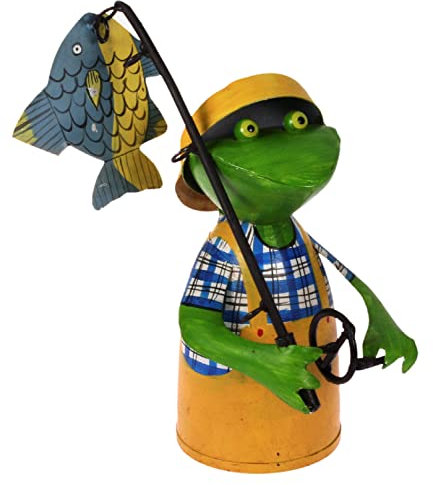 Zaunhocker Frosch Angler mit Fisch 21 cm gelb blau Figur aus Blech Metall Petri Jünger Fischer Angel Garten Deko Garten Balkon Dekofigur Pfostenhocker Froschkönig