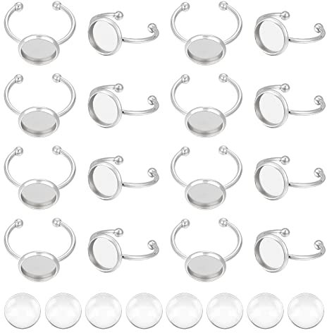 UNICRAFTALE 30 Sets 10mm Tablett 304 Edelstahl Manschetten Fingerringe Mit 30 Glas Cabochon Rohlingen Kuppel Fingerring Herstellungsset Rohlinge Tabletts Pad Ringe Für DIY Ringe Schmuckherstellung