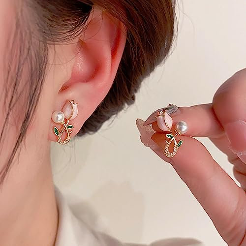Wendalern Perle Tulpe Ohrstecker Rosa Blume Perle Ohrstecker Kleine Süßwasserperle Tropfen Ohrringe Gold Cubic Zirkonia Perle Blume Ohrringe Hochzeit Ohrringe Trendy Schmuck Für Frauen Mädchen