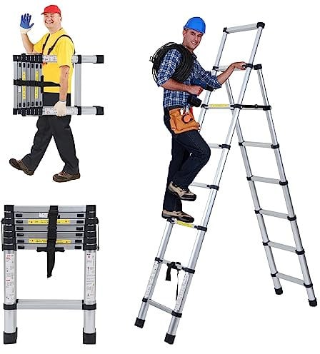 Sonnewelt 2m+2,3m Teleskopleiter Klappleiter, 6+7 Stufen A-Rahmen Mehrzweckleiter Stehleiter aus Aluminium, Ausziehleiter Trittleiter Leiter für Dachreparaturen