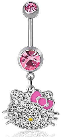 Hello Kitty Hello Kitty Sanrio Bauchnabelring für Damen, 14 g, Edelstahl, offizieller Lizenzprodukt, Körperschmuck, Edelstahl, Kristall