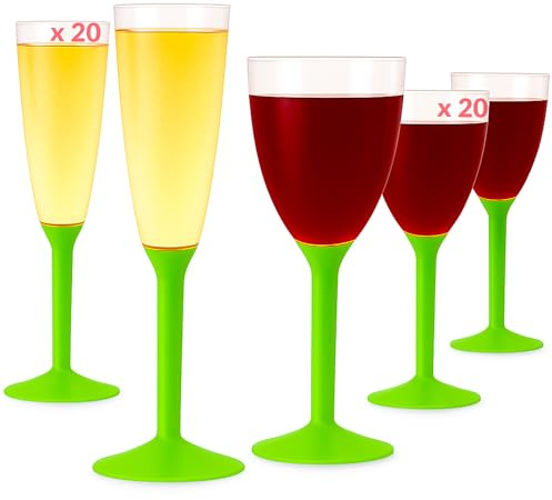 Table'Colors Flutes (20) + Verres Reutilisable (20) - Gobelet, Verre a Pied Coloré - Design Idéal pour Anniversaire, Mariage, Noël - 100% Recyclable et Réutilisable (Vert Anis)