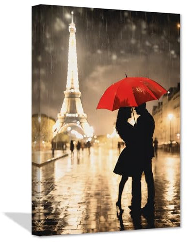 ZXHYWYM Romantische Eiffelturm Leinwandbilder Paris Nachtstraße roter Regenschirm Paar Gemälde Drucke Kunstwerk für Mädchen Schlafzimmer Raumdekoration(Bild-2, (30.00 x 45.00 cms))