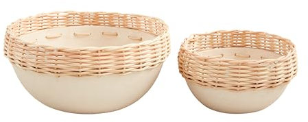 Mud Pie Paper Mache Rattan Bowls, Small 3 1/2 x 6 1/2 Dia | Large 4 1/2 x 9 Dia, White