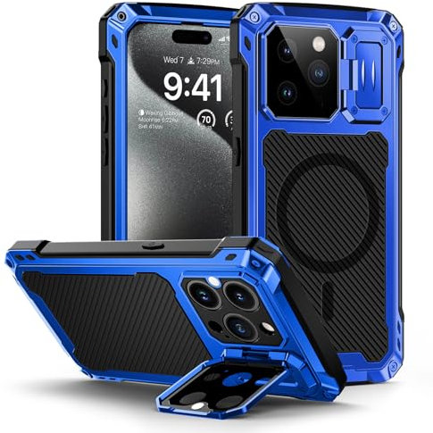 Lanhiem for iPhone 15 Pro Max Case, [Tempered Glass Screen Protector][Camera Kickstand] Heavy Duty Shockproof Cover for 15 Pro Max Metal Tough Case, Full Protective Case for iPhone 15 Pro Max (Blue)