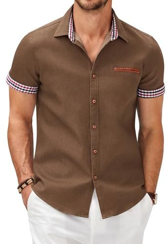 COOFANDY Mens Shirts Short Sleeve Smart Casual Non Iron Office Shirt Denim Mens Cowboy Summer Dress Shirt Slim Fit Brown L