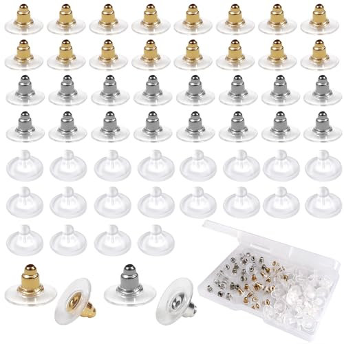 TOAOB 100 Piezas 11mm Tuercas Pendientes Levantadores Transparente Cierre Pendientes Oro y Plata de Goma Tapones para Los Oídos Cierres de Plástico para Ganchos Manualidades Fabricación de Joyas