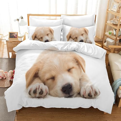 Leleyouzer Hund Bettwäsche Set, Hundemuster Bettwäsche für Jungen Mädchen Teenager, 1pc Mikrofaser Bettbezug mit Reißverschluss und 2pc Kissenbezug 50 x 75cm (D1, 135×200 cm)