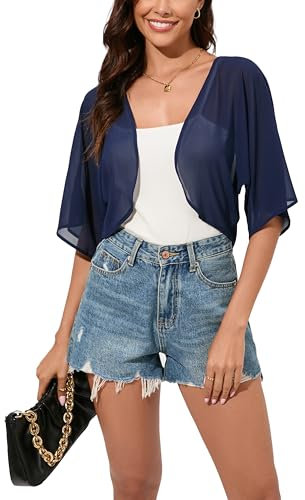 Dosieyeo Damen Bolero Chiffon Elegant Bolerojacke Leicht Luftig Jäckchen 3/4 Ärmel Dünne Schulterjacke zum Kleid Top Navy,S