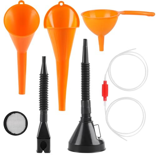 Lot de 6 entonnoirs de remplissage d'essence de voiture, entonnoir d'huile, entonnoir de remplissage d'huile, entonnoir en plastique flexible, entonnoir de carburant avec tuyau avec bec verseur et