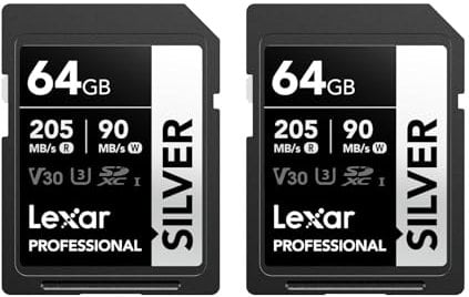 Lexar Professional SILVER SD Card 64GB 2-Pack, Up to 205MB/s Read, 90MB/s Write, SDXC UHS-I Memory Card, Class 10, U3, V30, SD Card for Professional Photographers, Videographers, Enthusiasts