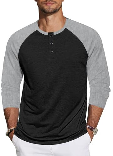 TARAINYA Longsleeve Herren Henley T-Shirt für Männer Langarmshirt Pullover mit Knopfleiste Schwarz Dunkelgrau L