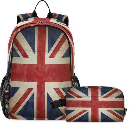 Ksajwzf Vintage England British UK Flag Backpack for Kids Boys Girls, United Kingdom Preschool Backpack with Lunch Box School Kindergarten Bookbag Set for Age 3-10