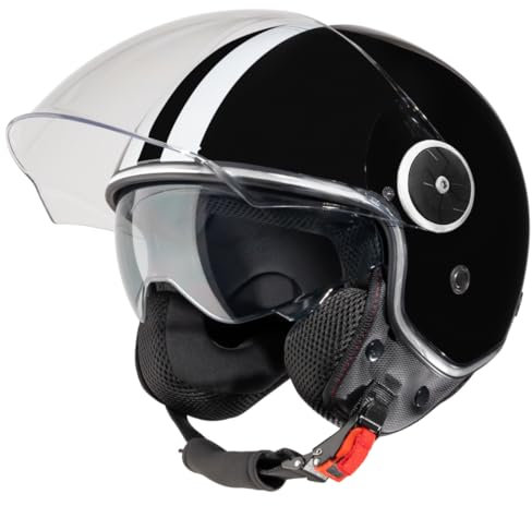 VINZ Arenas Jethelm mit Doppelvisier | Roller Helm mit Streifen & mit Sonnenblende | In Gr. XS-XXL | ECE 22.06 Zertifiziert | Motorradhelm mit Visier | Viele Farben Erhältlich - Schwarz