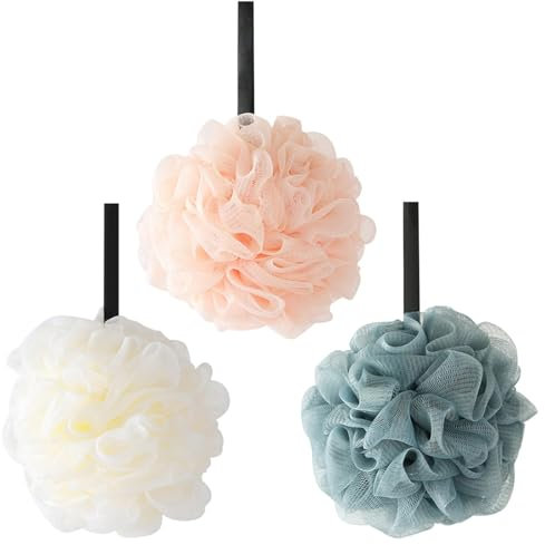 FANWINKJ Lot de 3 éponges de bain exfoliantes en maille fine, pour homme et femme, éponge douce avec cordon solide, pouf de douche moussant à séchage rapide
