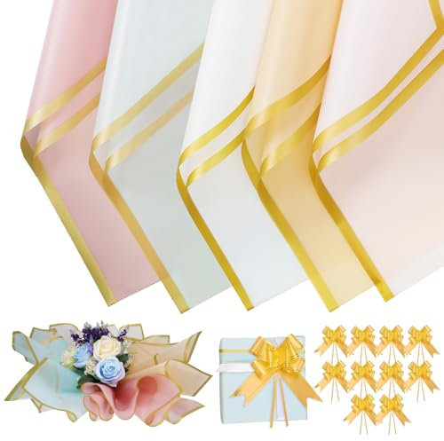 25 Blatt Blumenstrauß Geschenkpapier mit 10 Schleife Ribbon, 5 Farben Wasserdicht Bouquet Paper, Blumen Papier, Blumenstrauß Verpackung für Hochzeit Geburtstage Party Dekoration Geschenkpapier