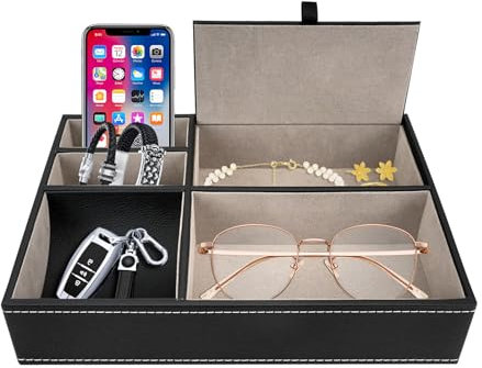 Leather Valet Tray Desk Organiser, 5 Compartments Bedside Table Organiser, Drawer Organisers Tray Mens Bedroom Accessories, Dresser Desk Storage Boxes with Lid for Wallet Wristwatch Jewellery Phone
