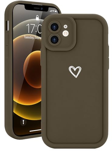 Micoden for iPhone 12 Silicone Case with Heart Love-Brown | Soft TPU Shockproof Protective Bumper,Cute Aesthetics Pattern Design for Girls Women