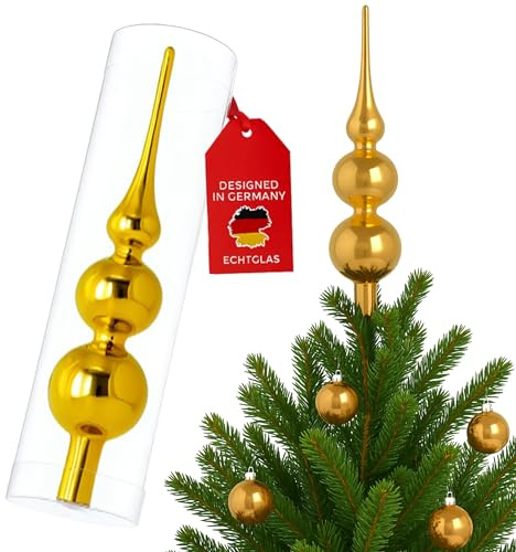 SantaTime Weihnachtsbaumspitze Echtglas glänzend 30cm - Extra Festliche Christbaumspitze aus Glas inkl. Aufbewahrungsbox - Perfekte Tannenbaumspitze (Gold glänzend)