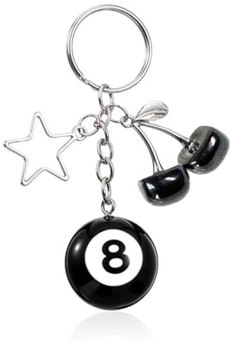LAJUP Porte-Clés À 8 Boules De Billard Avec Cerise Rouge Et Étoile, Pour Homme Et Femme, Cadeau Porte-Bonheur Noir N° 8, Rouge