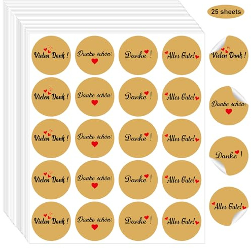 500PCS Thank You Stickers, 4cm Labels, Vielen Dank/Dnake Shön/Danke/Alles Gute Selbstklebende Danke Aufkleber, Kraft Papier Etikett für Hochzeit/Geburtstag/Geschäft/Feiertage/Erntedankfes/Abschluss
