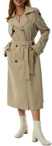 Anuedgis Women's Double Breasted Long Trench Coat Classic Lapel Belted Slim Windproof Overcoat with Belt Fall Going Out Windbreaker Outerwear