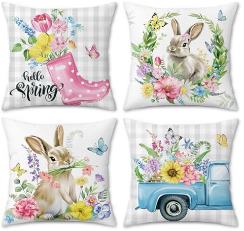 Bonhause Kaninchen Blume Kissenbezüge 45 x 45 cm Samt Soft Dekorative Kissenhülle Hase LKW Zierkissenbezüge für Sofa Schlafzimmer Auto Zuhause Ostern Dekoration 4er Set