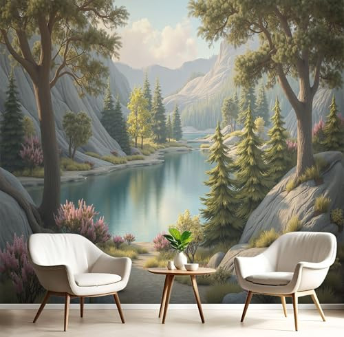 JEDTAKCT 3D Panoramic Custom Valley Lake Wallpaper Murals, Plant Landscape Non-Woven Wall Murals, Olive Green Modern Living Room Kitchen Dining Room Bedroom Wallpaper 300X210Cm (W X H)