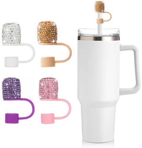 Bling Rhinestones Straw Cover Set - 4 Pack 0.4in/10mm Straws Cap for Stanley 30&40oz Tumblers, Includes Gold, Purple, Silver & Pink, Silicone Straw Toppers for Water Bottle Accessories