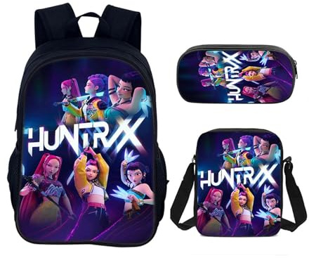 Generisch Demon Hunters Schulset – 3-teiliges Set mit Rucksack, Anime Schulrucksack Jungen & Mädchen, Umhängetasche & Federmäppchen,HUNTR/X Gaming & Unisex Tasche für Schule & Reisen(B)