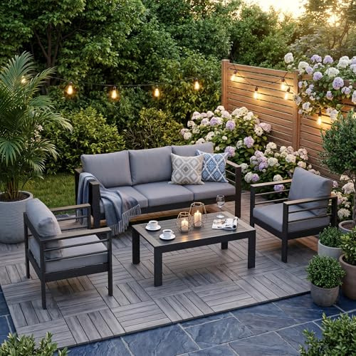 Atenza Gartenmöbel Set 4-teilig, Aluminium Gartenlounge mit Breiten Sitzen | 3-Sitzer-Sofa, 2 Sessel & WPC-Couchtisch, 12 cm Sitz- und 15 cm Rückenkissen, für Terrasse, Balkon, Garten & Wintergarten
