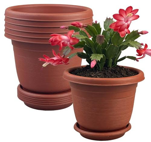 TEYIAN 6Pack 15.5cm/6.1-in Plant Pots Indoor Plastic Flower Pots with Drainage Holes and Saucers Modern Decorative Planters Succulent Indoor Outdoor Plants - Terracotta