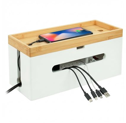 Relaxdays Kabelbox Bambus, HBT: 16x34x13,5 cm, für 6fach Steckdose, Kabelversteck mit Deckel & Kabelbindern, Natur/weiß