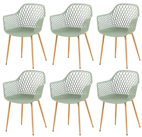 buybyroom Chaise de Jardin Exterieur, Lot de 6 Chaise Plastique avec Accoudoir et Pied en Métal, Fauteuil Jardin Exterieur pour Terrasse,Balcon,Salle a Manger,Salon,Dossier à Design Ajouré,Grise-verte