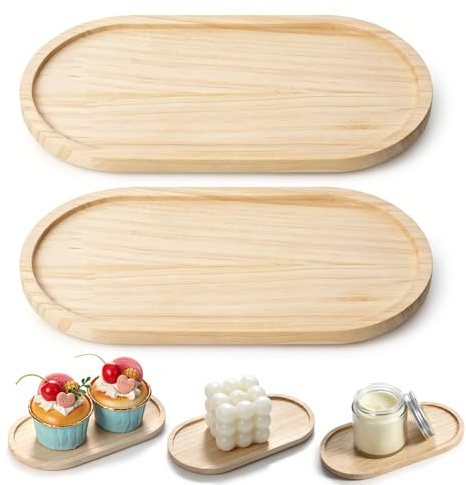 HJZHII 2Pcs Bamboo soap Dispenser Tray, Small Wooden Trays Bathroom Oval Countertop Tray Dispenser Trays Multi-Functional Countertop Organizer for Jewelry Cosmetics Small Items 6.9×3.5In