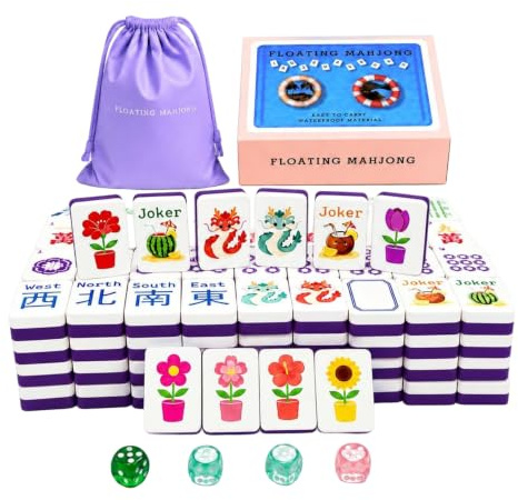 PithCogent Schwimmender Mahjong-Tisch für Pool | Pool-Mahjong-Set, schwimmende Fliesen mit komplettem Zubehör zum Thema Strand für Schwimmbrett-Wasserspiel, Sommer-Strandparty, Lila