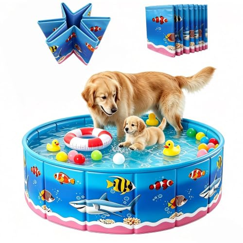 Piscina Plegable para Perros, Piscina Rígida de PVC No Inflable con Paneles Reforzados, Bañera Portátil para Perros Pequeños, Medianos y Grandes, para Jardín, Terraza, Camping y Exterior, 90 cm/120 cm