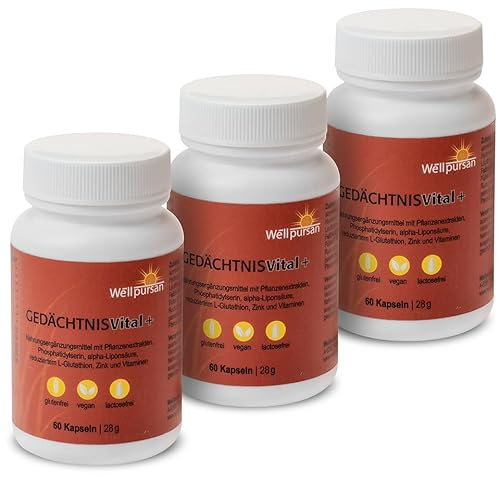 Wellpursan Gedächtnis vital+ 180 Kapseln, mit Ashwagandha, Vitamin B12 und B6, Nahrungsergänzungsmittel zur Unterstützung von geistiger und körperlicher Leistungsfähigkeit, 100% vegan