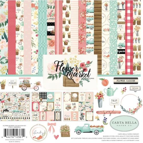 Carta Bella Flower Market Collection Mercato Fiori Coll 12X12 Kit, Foglia di tè, Rosa, Marrone Chiaro, Verde, Crema, Taglia unica