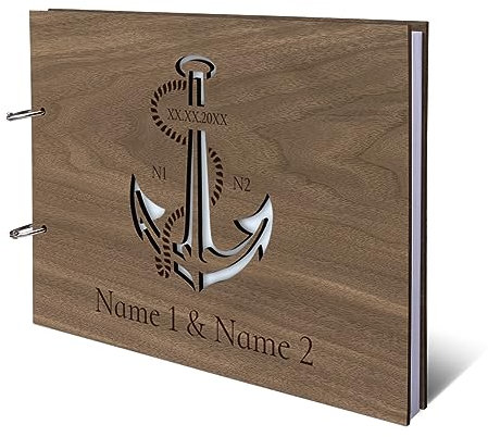 Hochzeit Gästebuch Nussbaum Holz Gravur individuell Holzcover mit 144 Naturpapier Innenseiten DIN A4 quer 302 x 215 mm - Anker