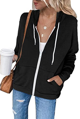 Uusollecy, felpa da donna, con cappuccio, in tinta unita, con cerniera intera, in stile casual, A-nero., L