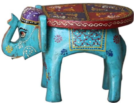 Handgeschnitzter Deko Elefant im Vintage-Style, bunt bemalt, türkis | Einzigartige Dekofigur, handgefertigt aus Rajasthan, farbenfroh, perfekt für Wohnräume