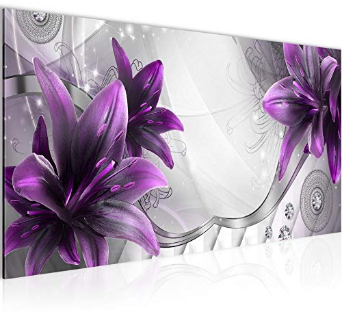 Runa Art Wandbild Blumen Lilien 1 Teilig 100 x 40 cm Modern Bild auf Vlies Leinwand Abstrakt Wohnzimmer Grau Violett 036812b