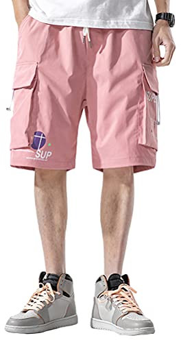 ORANDESIGNE Pantaloni Corti da Lavoro Estivi Uomo Sportivo Pantaloncini Coulisse Vintage Loose Pantaloni da Spiaggia Basket Running Palestra in Cotone Casual Shorts Cargo A Rosa L