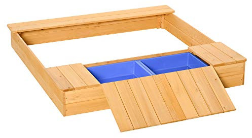 Outsunny Sandkasten Staubdichte Sandkasten mit Dach Holzsandkasten mit 2 Aufbewahrungsbox 3-6 Jahren Natur+Blau 125 x 121 x 17,5 cm