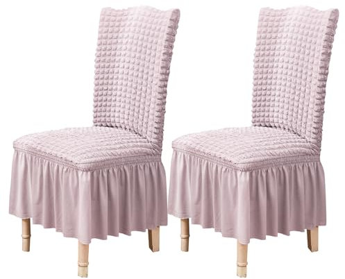 Qubjus Stuhlhussen für Esszimmer Satz von 2 Stretch Stuhl Slipcover mit Rock abnehmbar waschbar Küche Stuhl Protector Cover Set für Haus, Party, Hochzeit(Rosa, 2Stück)