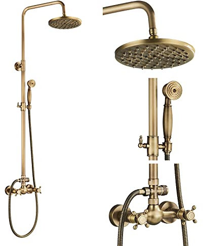 fyheast - Columna de ducha con mezclador de ducha (latón vintage, con ducha y cabezal de ducha, 80-120 cm, altura regulable